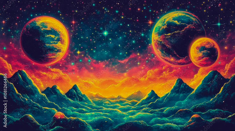 Aufkleber a breathtaking view of vibrant mountains with two large planets hovering above under a starry twilig
