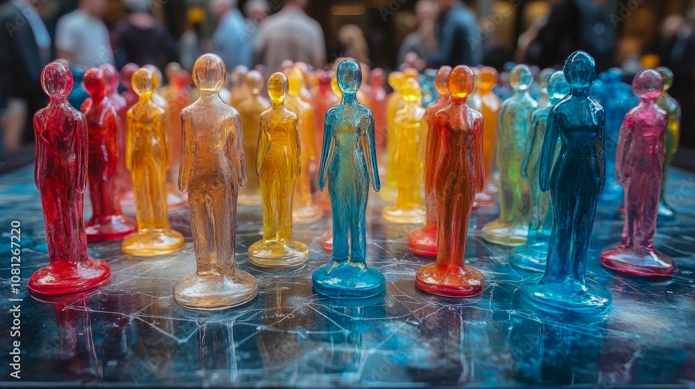 Poster a diverse array of colorful translucent figures stands in an artistic arrangement, captivating visit