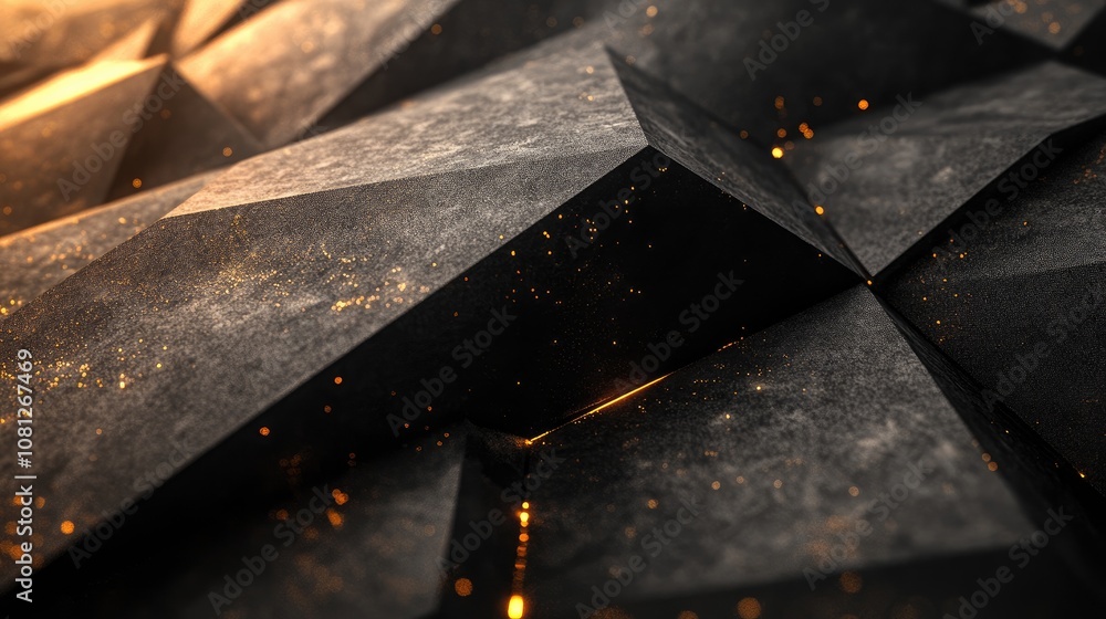 Poster abstract geometric background of dark textured surfaces with golden sparkles creating a dramatic and