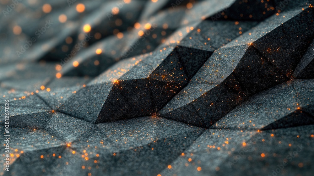 Poster abstract dark texture with geometric shapes and sparkling particles creating a dynamic and modern ba