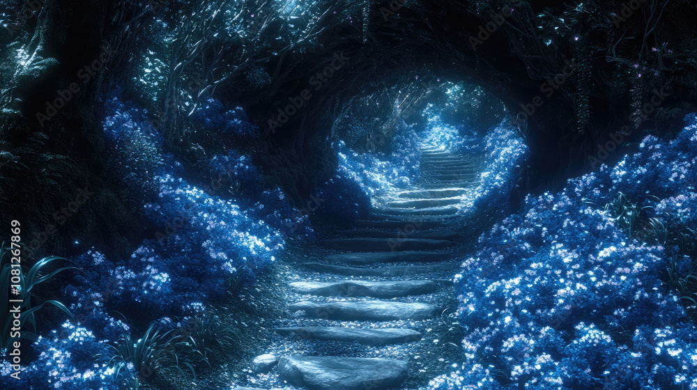 Poster a winding stone path is surrounded by luminous blue flowers, creating a magical atmosphere in a tran