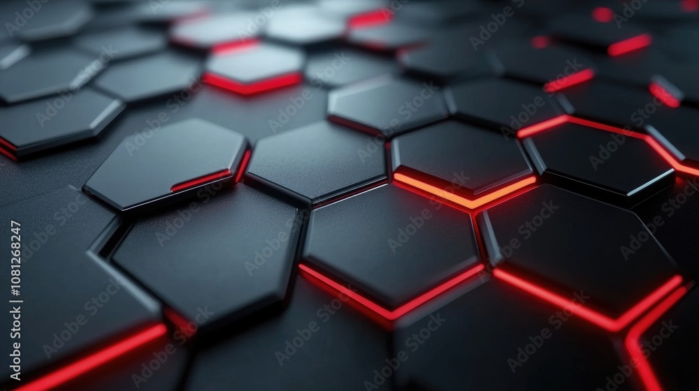 Poster futuristic hexagonal patterns with red neon light on dark background ideal for technology and modern