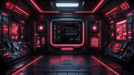 Obraz premium A high-tech control room features glowing red lights and screens displaying complex data and graphics, creating a sci-fi ambiance
