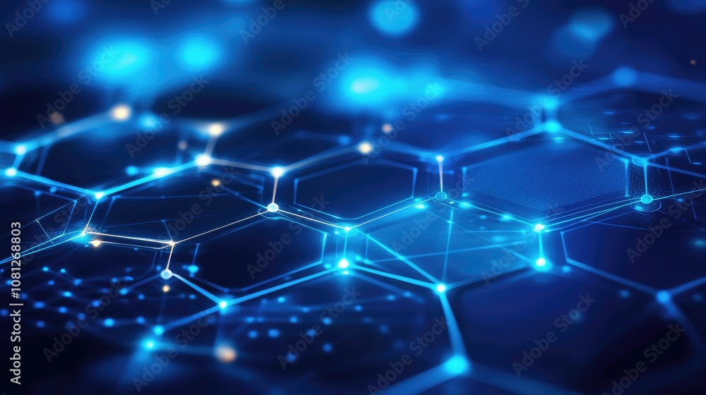 Poster abstract technology background with glowing blue hexagons and interconnected lines creating a sense 