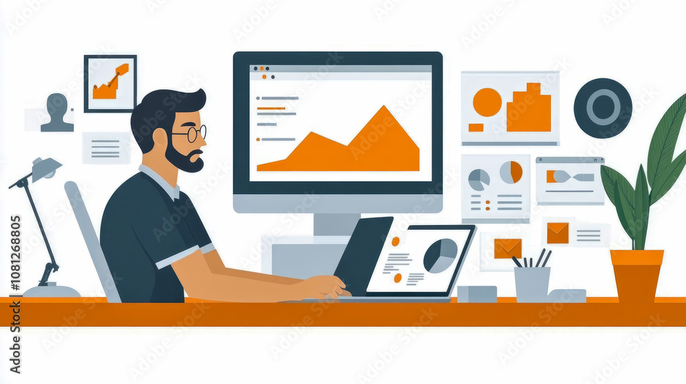 Aufkleber a focused individual analyzes data on a laptop while monitoring charts and presentations on a large 