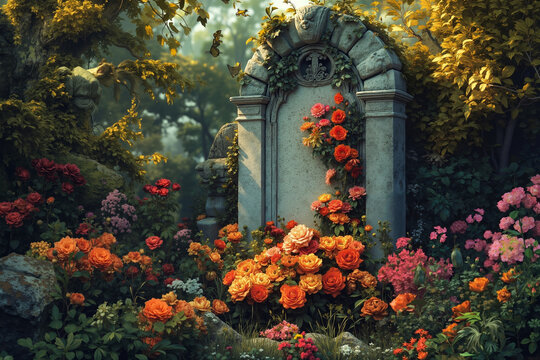 A cemetery with roses growing around a tombstone in the middle of a garden