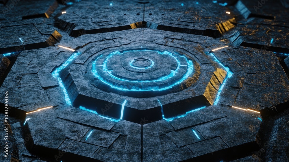 Poster futuristic textured surface with neon blue accents and geometric patterns creating a high-tech envir