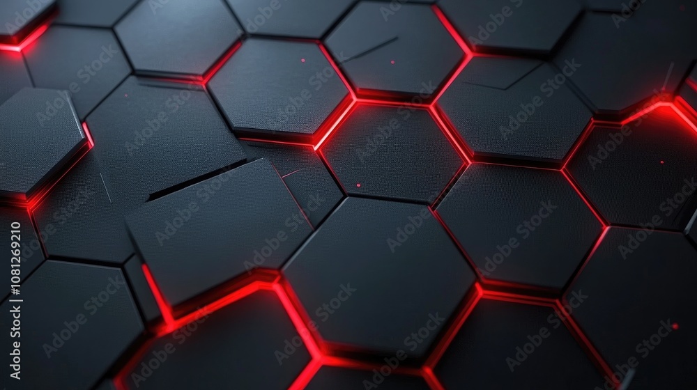 Poster abstract black and red hexagonal technology background with illuminated edges, seamless design, futu