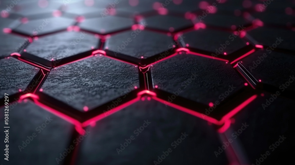 Poster close-up view of a hexagonal pattern with glowing edges on a dark surface, showcasing modern design 