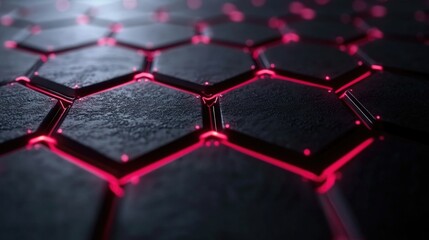 Fototapeta premium Close-Up View of a Hexagonal Pattern with Glowing Edges on a Dark Surface, Showcasing Modern Design Elements and High-Tech Aesthetics