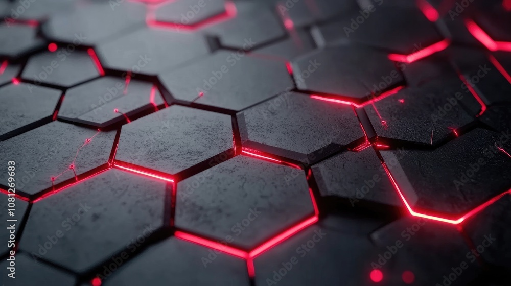 Poster futuristic hexagonal pattern with glowing red edges on a dark surface, perfect for science fiction, 