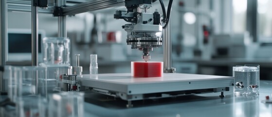 Fototapeta premium A precise 3D printer assembles a red object in a sterile lab, showcasing technological innovation and scientific advancement.