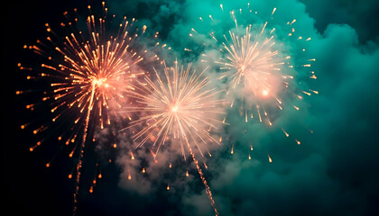 Fototapeta premium Fireworks explode in vibrant, unusual colors like greens, turquoises, and purples, creating a spectacular display of unexpected hues against the night sky.