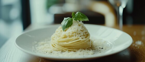 A perfectly plated bundle of spaghetti topped with Parmesan and basil entices with its simplicity and gourmet appeal.
