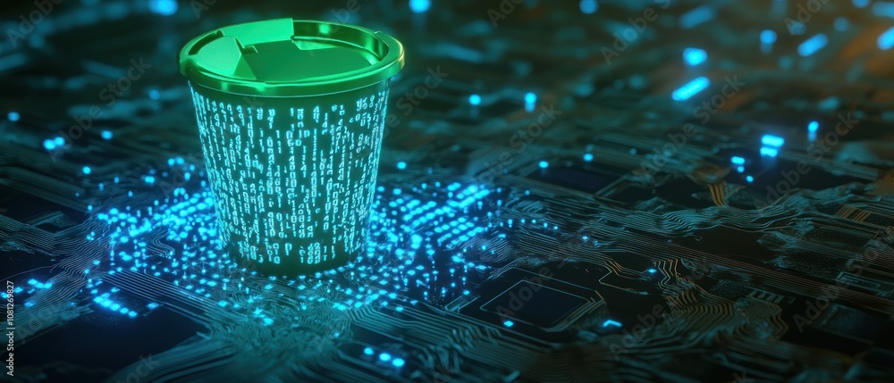 Poster a digital trash can on a circuit board, symbolizing data management.