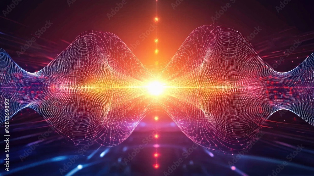 Poster abstract visualization of light waves interacting with colorful energy emissions in a dynamic digita