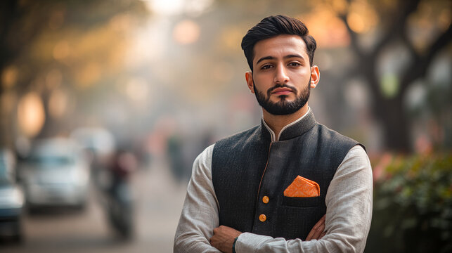 Man Wearing a Pathani Suit and Waistcoat, Symbolizing Elegance, Tradition, and Sophistication