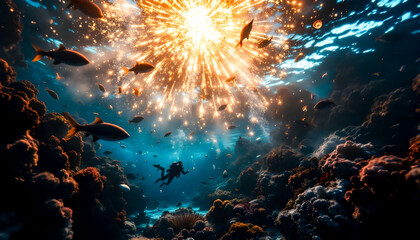 Fototapeta premium Underwater fireworks light up the ocean, with divers celebrating among vibrant sea creatures, creating a surreal, magical display beneath the waves.