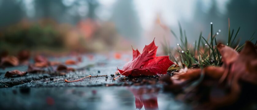 A vibrant red maple leaf rests on a wet pavement, framed by dewy grass, against a blurred autumnal backdrop, capturing the essence of a misty morning.