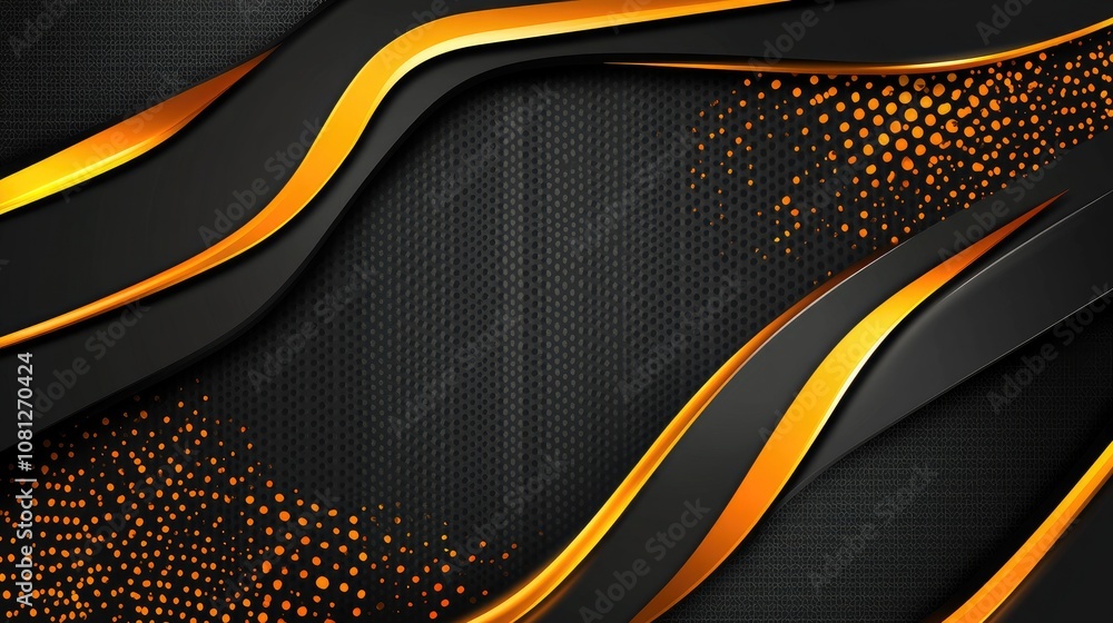 Poster abstract background design with wavy black and gold lines, modern texture with dots and gradient to 