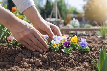 Spring Planting: Hands Gently Placing Pansies in the Garden.  Close-up view of hands carefully planting vibrant pansies in rich soil.