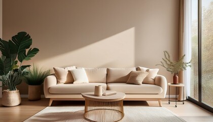 Beige home living room interior with sofa and coffee table, window. Mockup wall