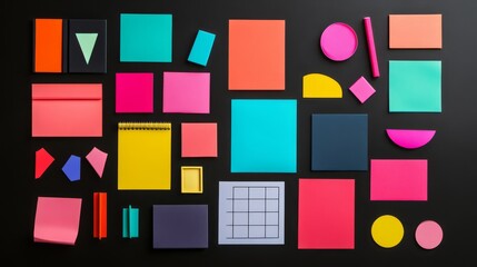 Colorful Post-it Notes on Black Background: A vibrant collection of assorted post-it notes in a variety of shapes and colors, arranged on a stark black background. This image evokes creativity.