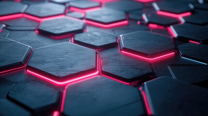 Fototapeta premium Abstract Hexagonal Pattern with Neon Pink Glow on a Sleek Surface, Ideal for Backgrounds, Technology Themes, Futuristic Concepts, and Digital Designs