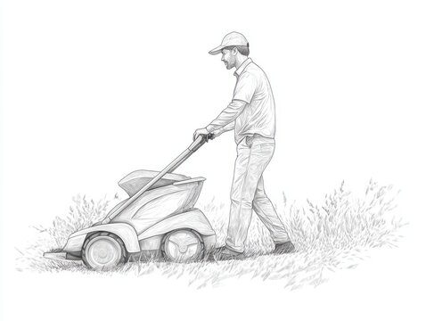 recommend clip art: Gardener pushing lawn mower on wheels cutting grass in outline style