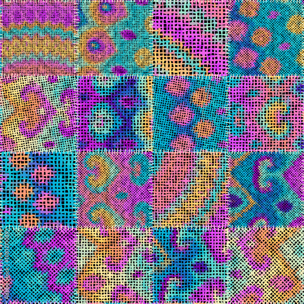 Poster Imitation of a texture of rough canvas in patchwork style. Seamless pattern. Vector illustration.