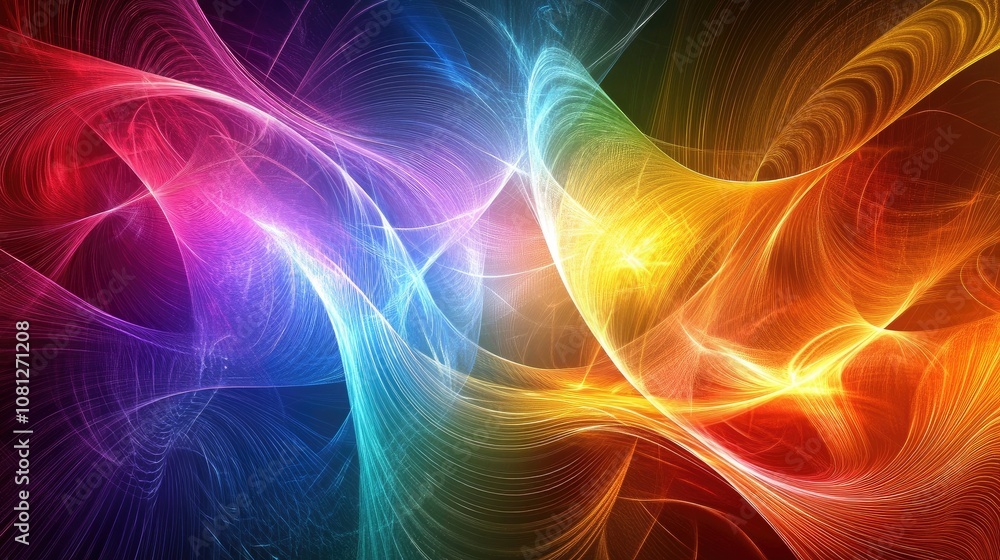 Poster vibrant abstract light waves in multicolored gradient with smooth flowing patterns creating a dynami