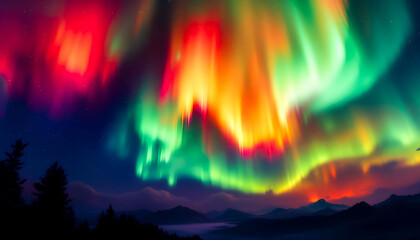 Fototapeta premium Northern lights in extraordinary colors, creating the impression of a sky burning with multicolored flames, adding a dramatic and mesmerizing atmosphere. 