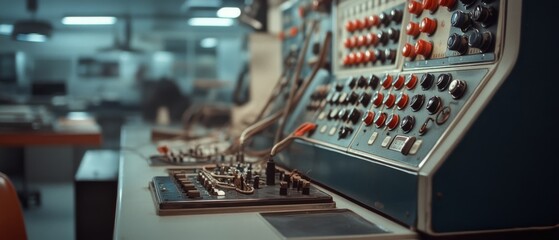 Vintage control panel with colorful knobs and switches in a softly lit room evokes technological nostalgia and retro charm.