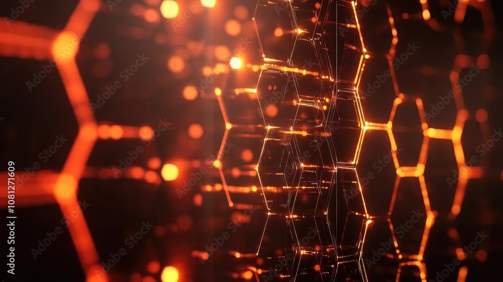 Poster abstract technology background with glowing hexagonal shapes and vibrant orange lights, creating a d