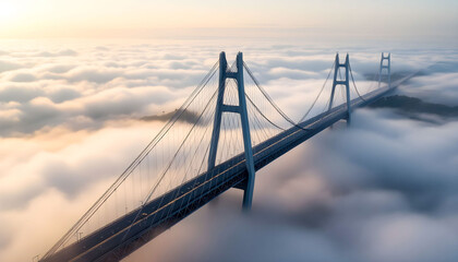 Obraz premium A stunningly modern bridge connecting two cities, surrounded by a mysterious morning fog, creating a dramatic and tranquil scene.