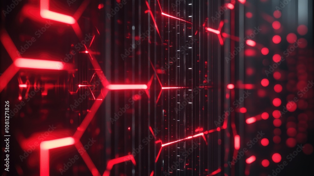 Poster abstract representation of a high-tech digital data environment with glowing red lines and hexagonal