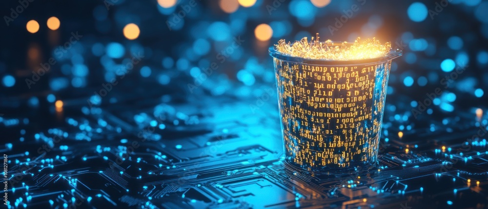 Poster a glowing bucket filled with luminous particles on a tech-inspired background.