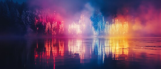 Vibrant fireworks reflecting on a serene lake, merging nature&rsquo;s tranquility with the dazzling spectacle of colors in a misty forest backdrop.