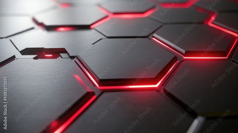 Poster abstract geometric design with glowing red lines on dark textured hexagonal panels, creating a futur