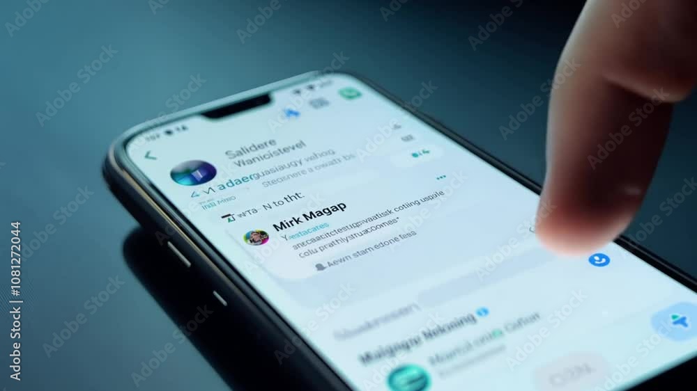 Poster user interacts with messaging app notifications on smartphone at night generative ai