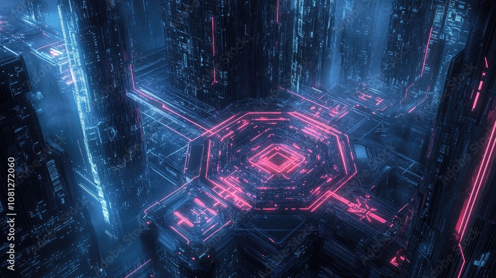 Poster futuristic neon cityscape with glowing grid and digital patterns, representing advanced technology a