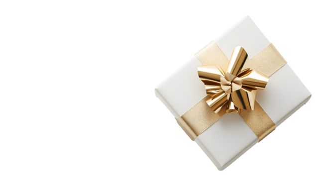 White gift box with golden ribbons on a transparent background. isolated background.