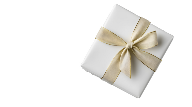 White gift box with golden ribbons on a transparent background. isolated background.