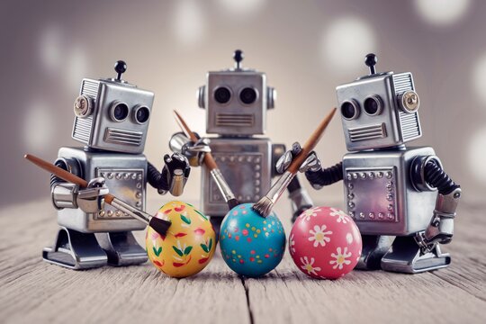 Robot Trio's Easter Egg Art Factory. In this whimsical Easter scene, three charming toy robots are hard at work decorating colorful eggs.
