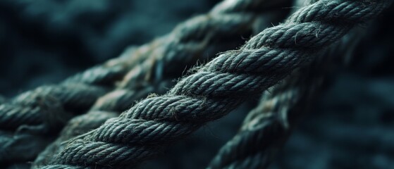 Detailed view of a thick, twisted rope, set against a dark, blurred background, emphasizing its fibrous texture.