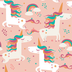 Seamless pattern with unicorns on pink background. 