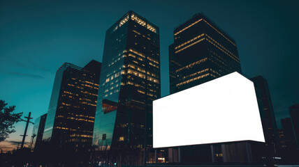 Obraz premium A city skyline at night with a large white building in the middle. The buildings are tall and the sky is dark