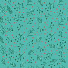 Seamless winter pattern with stars, spruces.