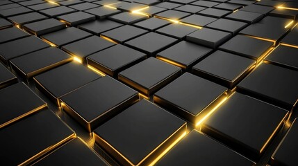 Abstract minimalistic background of glossy black cubes with golden edges creating a modern and stylish pattern perfect for technology and design themes.