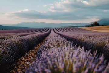 Endless lavender fields stretch toward misty mountains, blending hues of purple and blue under a serene sky at twilight.